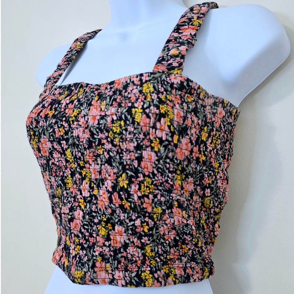 American Eagle Dark Floral Smocked Cropped Tank Top Sz S Festival Cottagecore‎